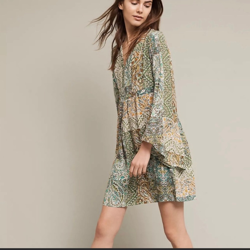 Green Boho Silk Anthropologie Dress